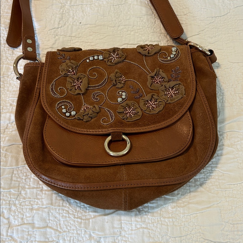 Embroidered Brown Shoulder Bag adjustable strap